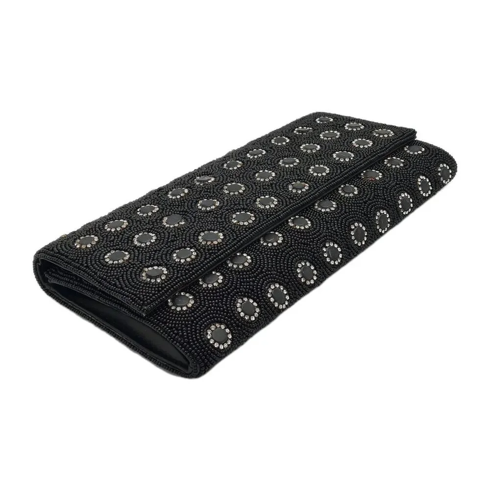 Deepa Gurnani Pattern Handmade Bead/Crystal Evening Bag Clutch Black NEW FLAWS